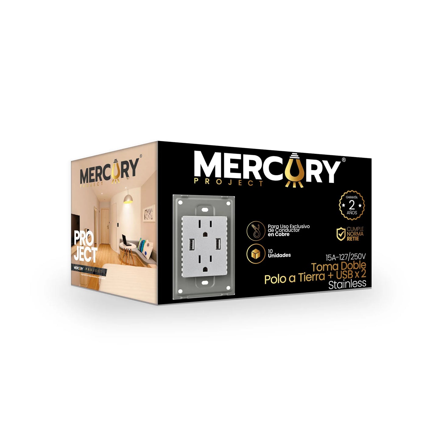 Toma Doble Polo a Tierra + 2 USB Stainless