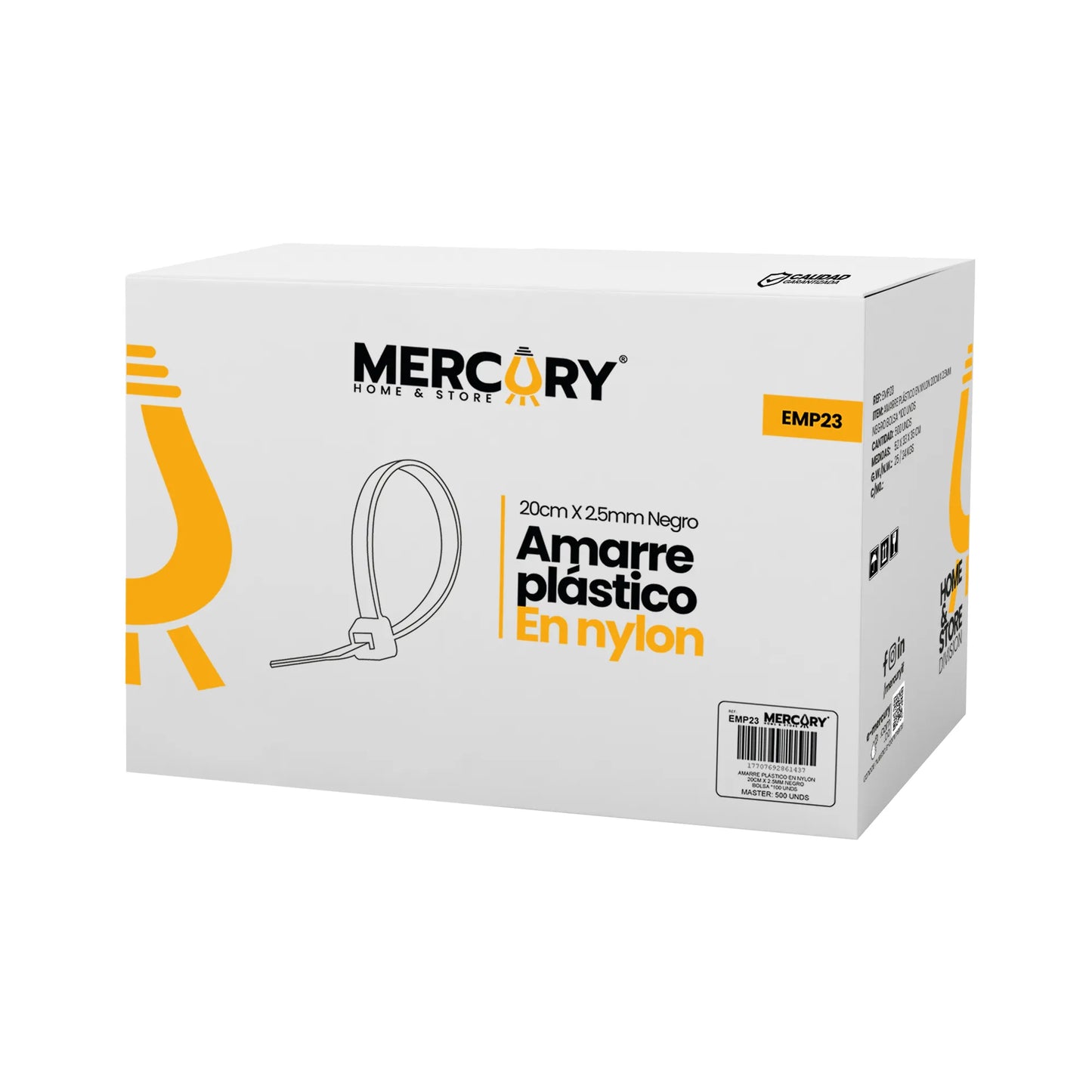 Amarre Plástico en Nylon 20cm x 2.5mm Negro Bolsa 100 UND