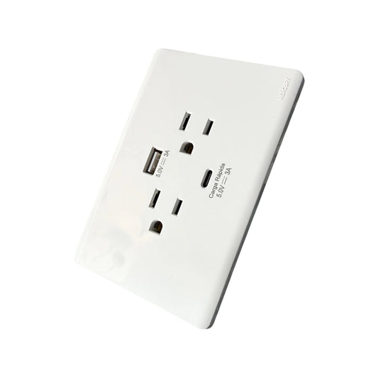 Toma Doble + USB Tipo A y Tipo C Carga Rápida Línea Infinity White