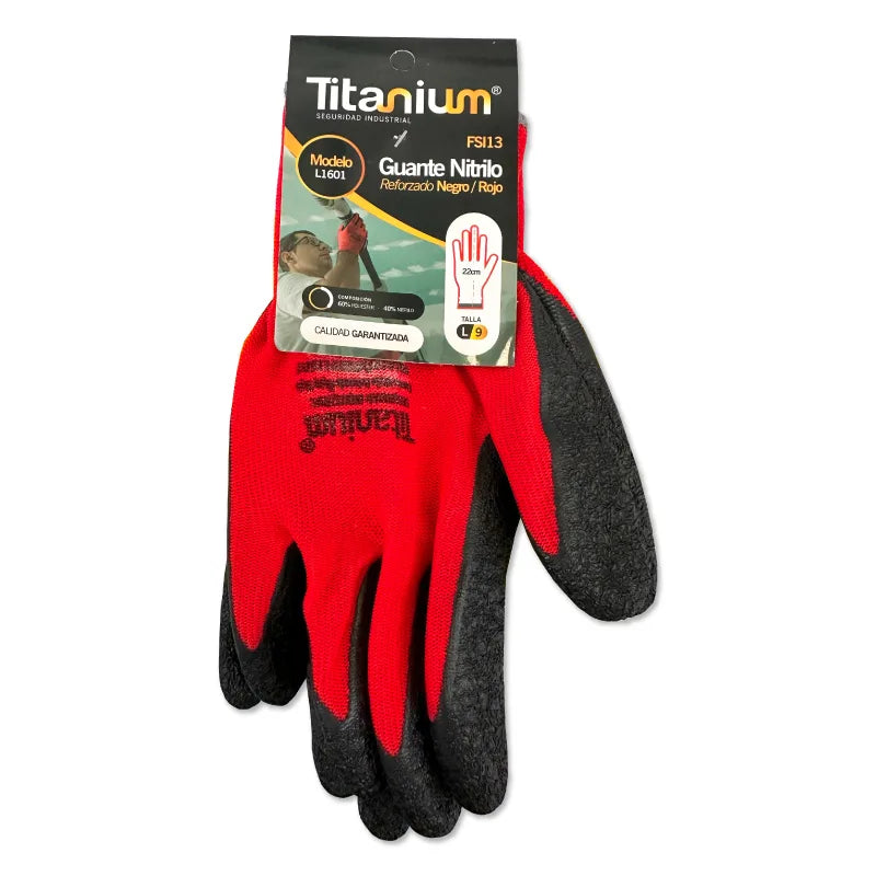 Guante de Nitrilo Reforzado Negro y Rojo Talla L o Talla 9