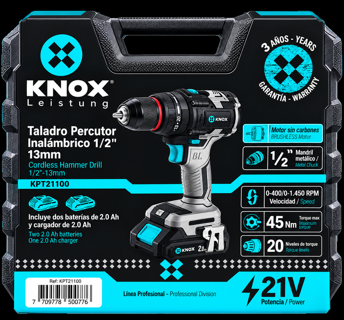 TALADRO PERCUTOR INALÁMBRICO KNOX 1/2” (13 mm) – 21 V