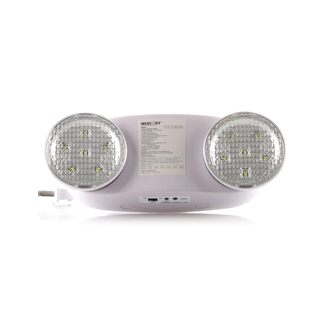 Lámpara de emergencia LED de 5.4W instalada en pared de zona común, con botón de prueba y batería recargable