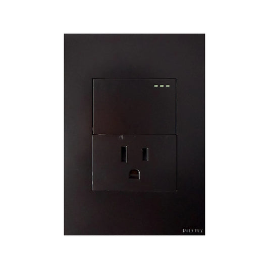 Toma corriente con interruptor sencillo integrado color negro mate acabado luxury instalado en pared moderna.