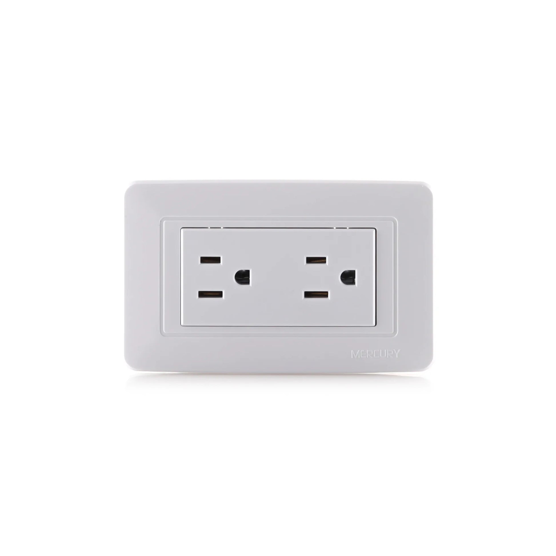 Tomacorriente doble de pared color blanco con entrada para clavija plana y redonda con orificio de polo a tierra.