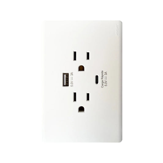 Toma Doble + USB Tipo A y Tipo C Carga Rápida Línea Infinity White