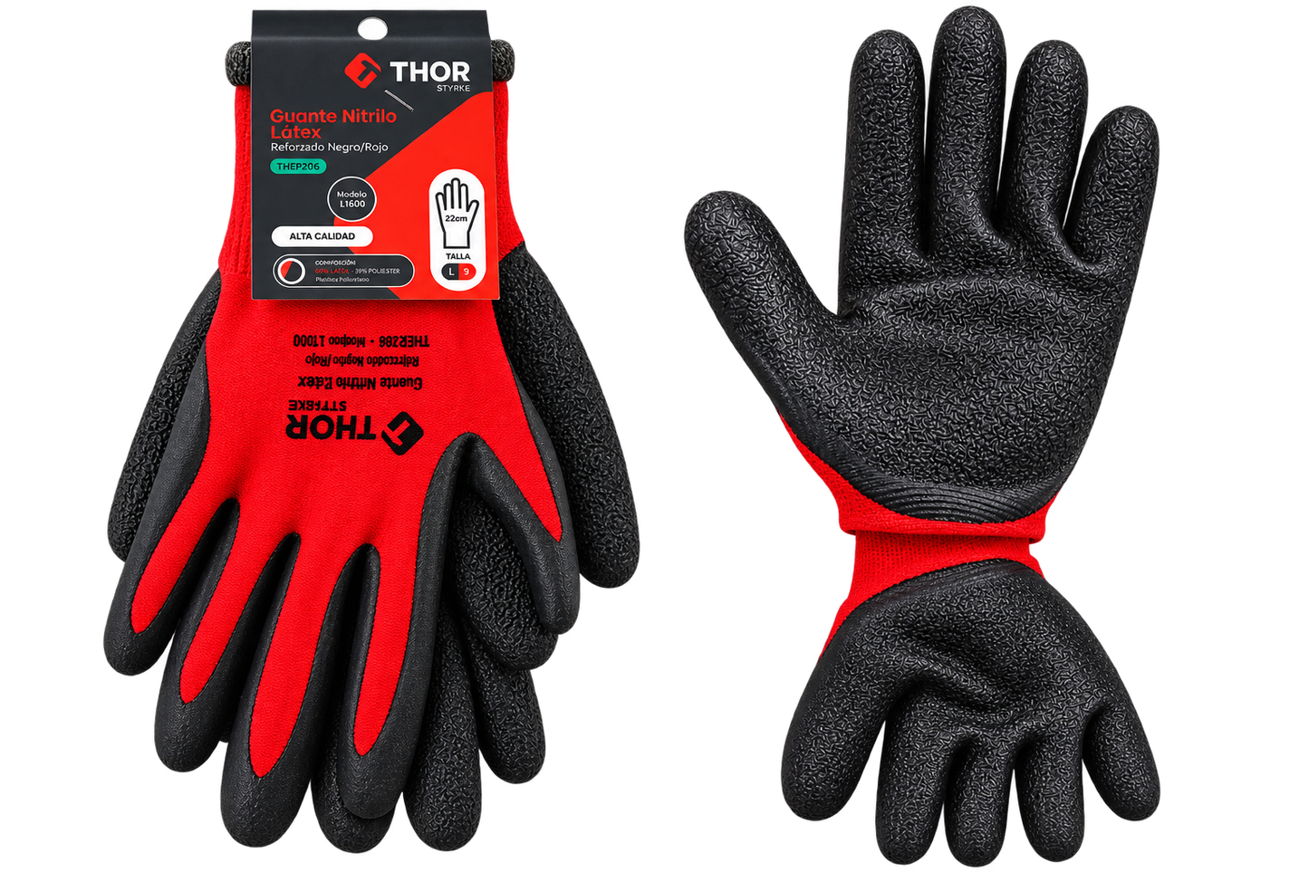 GUANTE NITRILO LÁTEX REFORZADO NEGRO/ROJO TALLA 9' L THOR